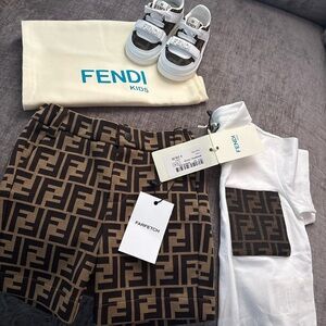 Fendi Kids Brown Patterned Shorts and White Shirt Set